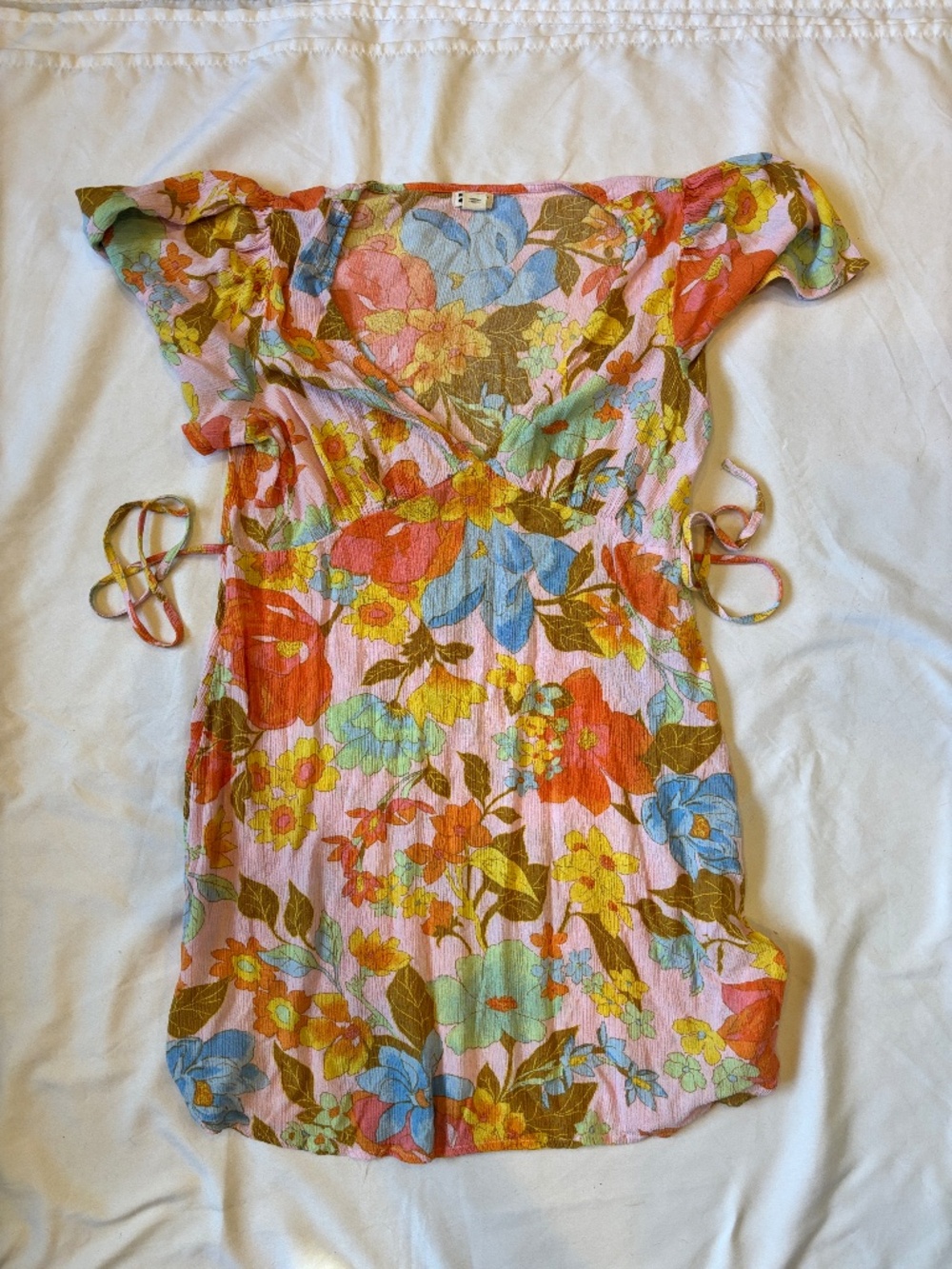 Billabong Floral Wrap Dress Medium Pink Blue Boho Y2K Tie Waist